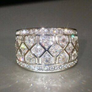 NEW 18k White Gold Pave Diamond Ring Wide Ring Band